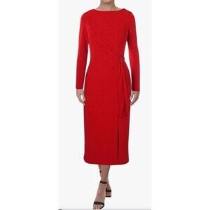 LAUREN RALPH LAUREN Connie Red Buckle Faux Wrap Midi Dress 16 Jersey Holiday